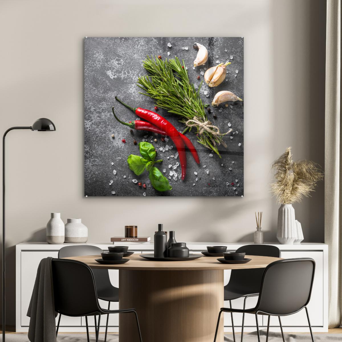 ACRYLGLASBILD Pfeffer - Kräuter - Gewürze - Beton 90x90 cm - Dunkelgrau, Glas (90/90cm) - MuchoWow