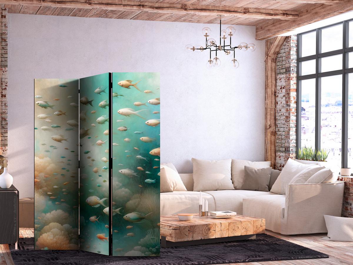 PARAVENT Akustik 3-tlg 135x172 cm Fische Im Ozean Boho - Multicolor, Holz/Textil (135/172/3cm) - Muralo