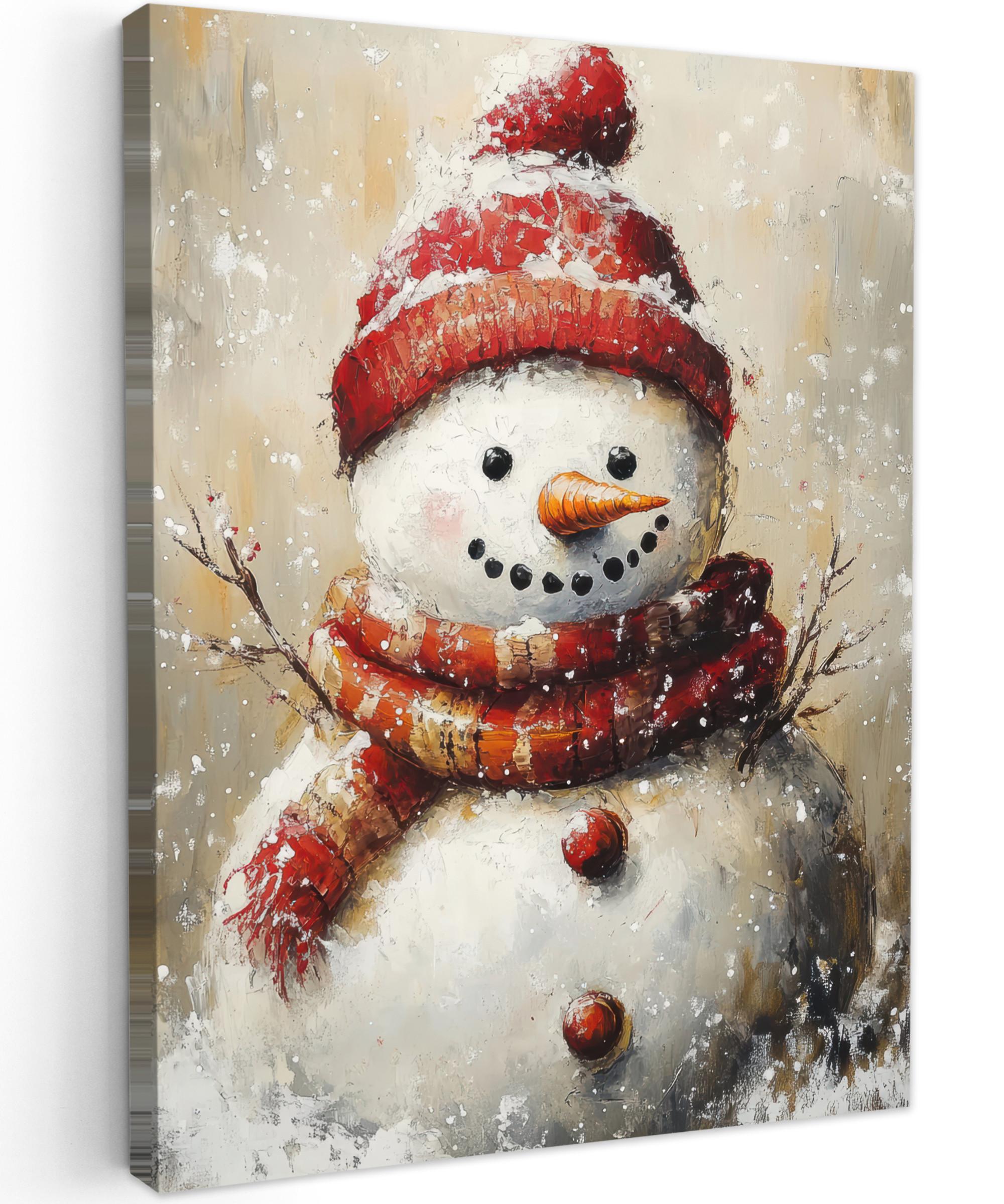 LEINWANDBILD Schneemann - Winter - Schnee - Beige Wandbild Wohnzimmer 60x80 cm - Weiß, Textil (60/80cm) - MuchoWow