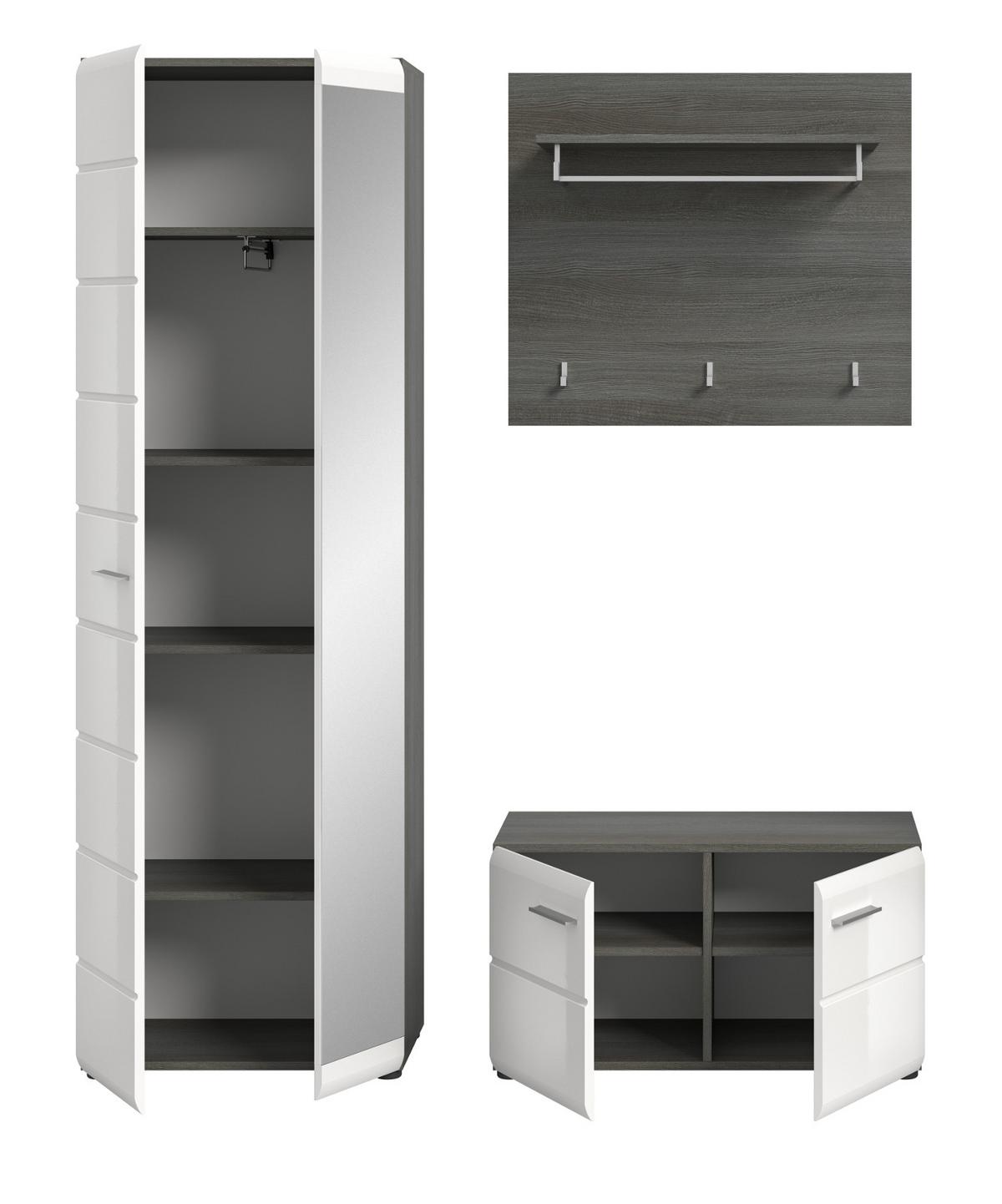 GARDEROBE Set 3-teilig weiß Hochglanz, grau 155 cm, Komplettset mit viel Stauraum - Weiß Hochglanz/Silberfarben, Glas/Holzwerkstoff (155/192/37cm) - Inn.Furn