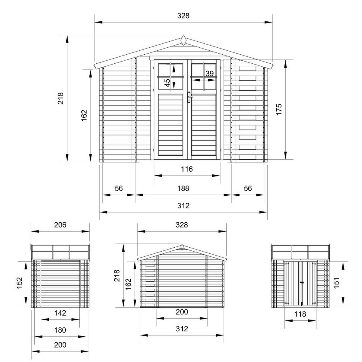 HOLZHAUS GARTENHAUS mit Brennholzschuppen M389F+M389G - mit imprägniertem Boden- 3,53 + 0,97 + 0,97 m2 - Beige, Holz (312/218/206cm) - Timbela