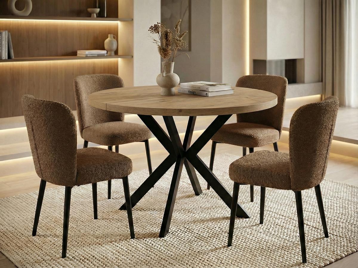 ESSTISCH Valeo runder ausziehbarer, Lancelot Eiche 120-200/120/76 cm - Eichefarben/Schwarz, Holzwerkstoff/Metall (200/120/76cm) - WFL GROUP