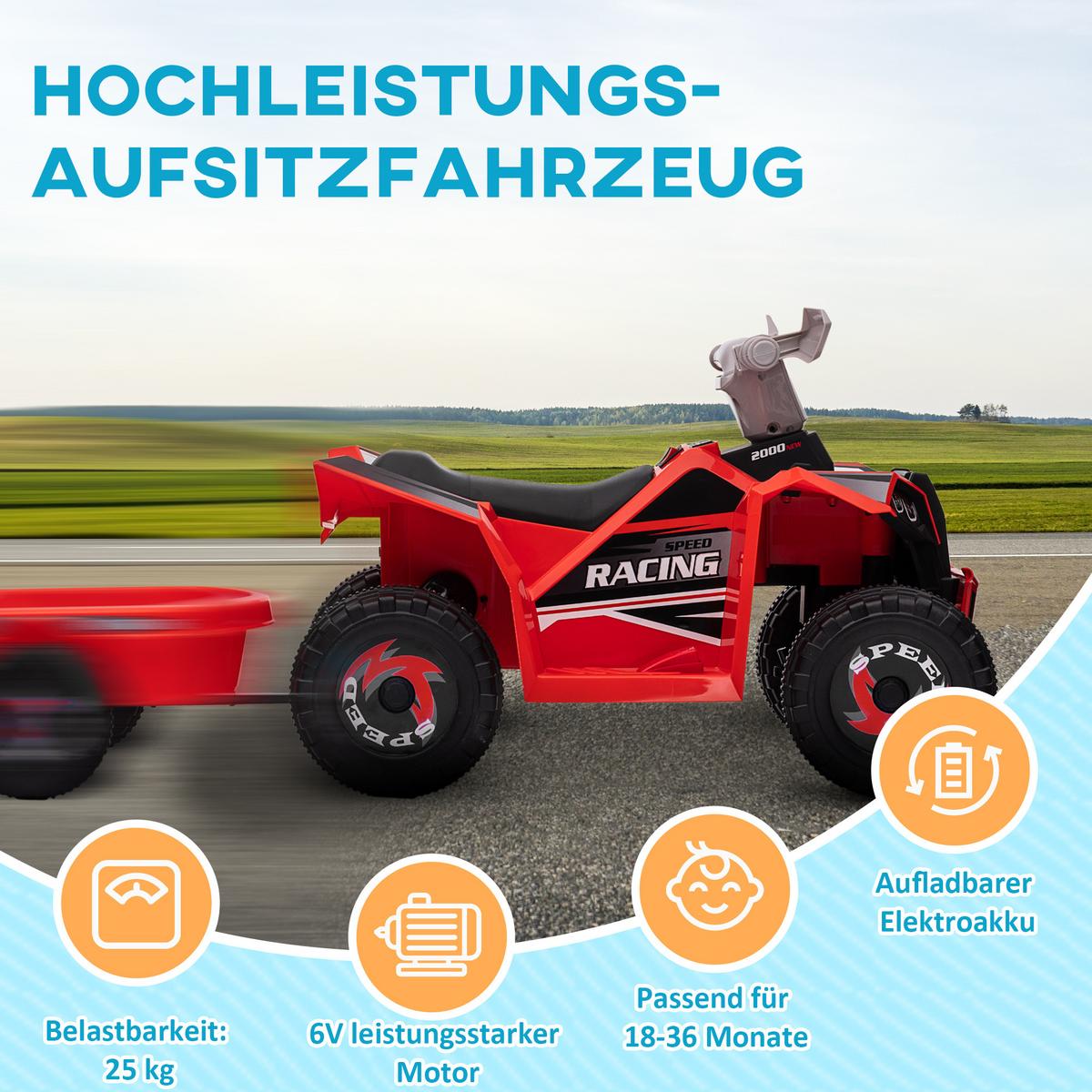 KINDERQUAD Kinder Elektro-Quad 6V Elektroauto mit Anhänger, 2,5 km/h Metall Rot - Rot, Metall (106/41.5/48.5cm) - HOMCOM