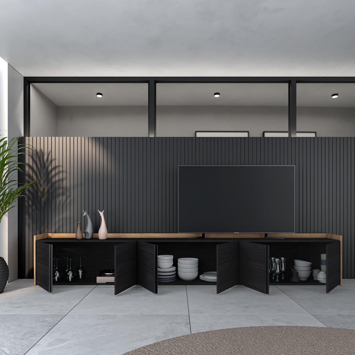 LOWBOARD, Schwarz und Eiche, 309/35/50cm - Schwarz, Holzwerkstoff (310/50/35cm) - Skraut Home