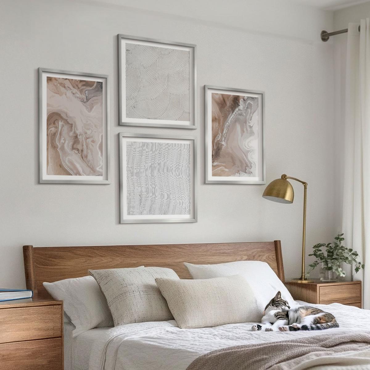 BILDER SET 4er Set - 50x50 cm & 40x60 cm Silberner Rahmen - Abstrakte Marmormuster aus Stein - Silberfarben, Kunststoff (50/50cm) - TULUP