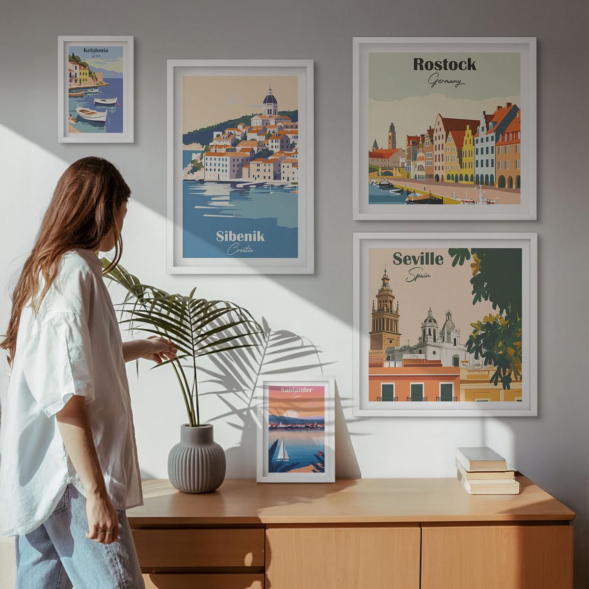 BILDER SET 5er Set - 50x50 cm & 20x30 cm & 40x60 cm Weißer Rahmen - Berglandschaften und Städte - Weiß, Kunststoff (40/60cm) - TULUP