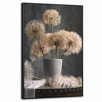 LEINWAND Bilder mit Rahmen - Blumensamen - Löwenzahn - Vase - Stilleben - Blumenstrauß - 60x90 - Dunkelgrau, Textil (60/90cm) - MuchoWow