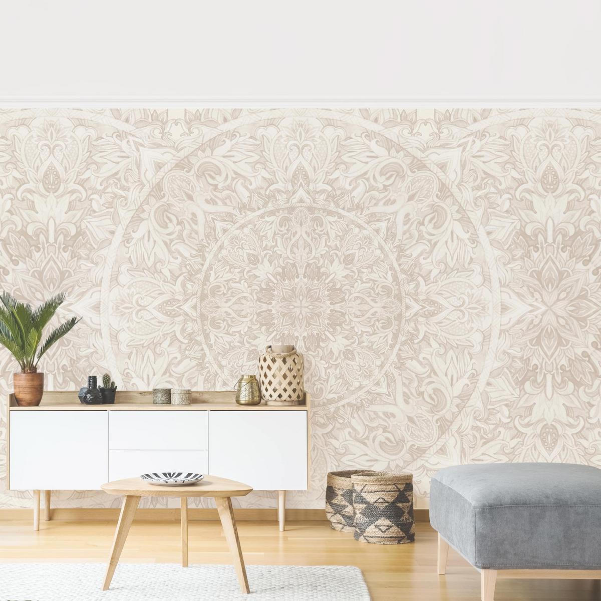FOTOTAPETE Mandala Aquarell Muster Ornament beige 336/225 cm - Eichefarben, Papier (336/225cm) - Bilderwelten