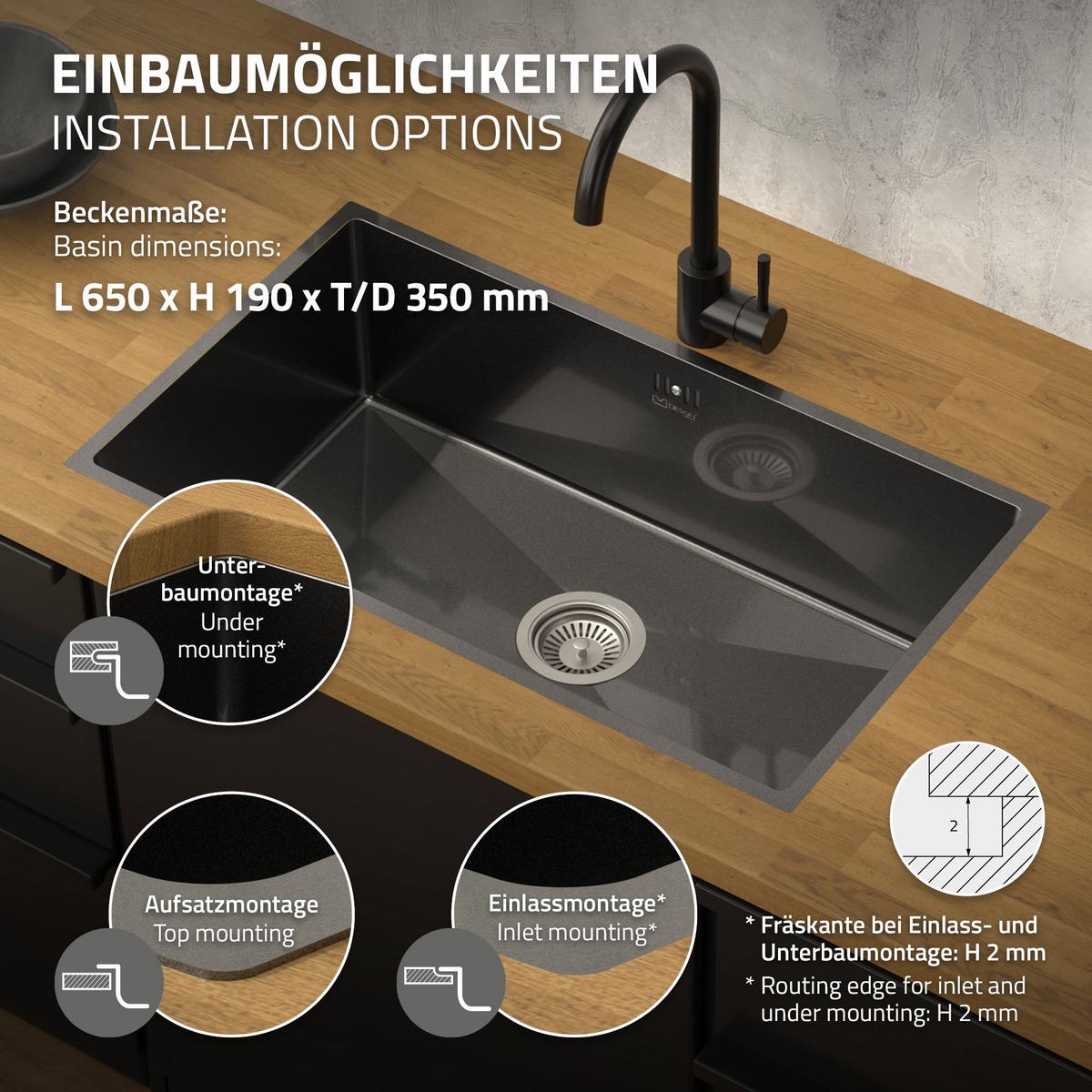 SPÜLBECKEN aus Edelstahl 70x40 cm Anthrazit mit Siphon - Anthrazit, Metall (70/20/40cm) - ML-DESIGN