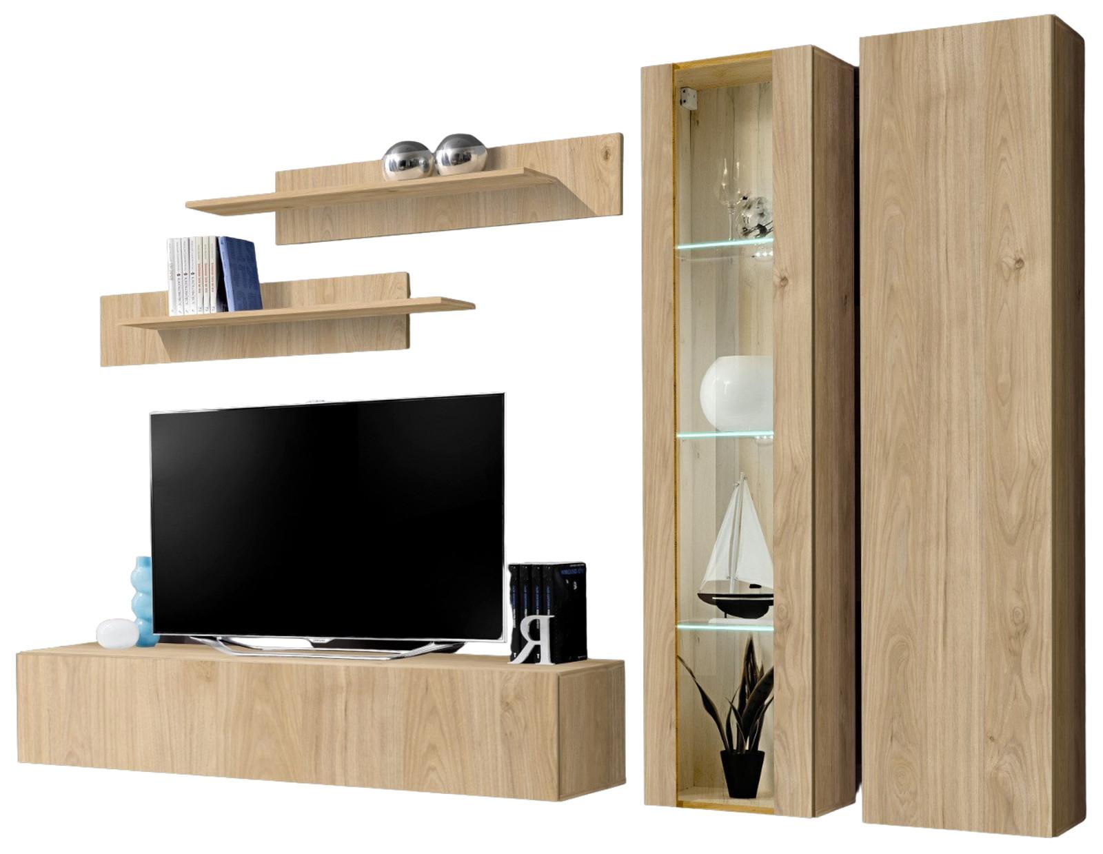 WOHNWAND Eiche Jackson 260 cm 5-teilig, Schrankwand hängend mit LED-Beleuchtung - Eichefarben, Glas/Holzwerkstoff (260/170/40cm) - Inn.Furn