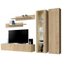 WOHNWAND Eiche Jackson 260 cm 5-teilig, Schrankwand hängend mit LED-Beleuchtung - Eichefarben, Glas/Holzwerkstoff (260/170/40cm) - Inn.Furn