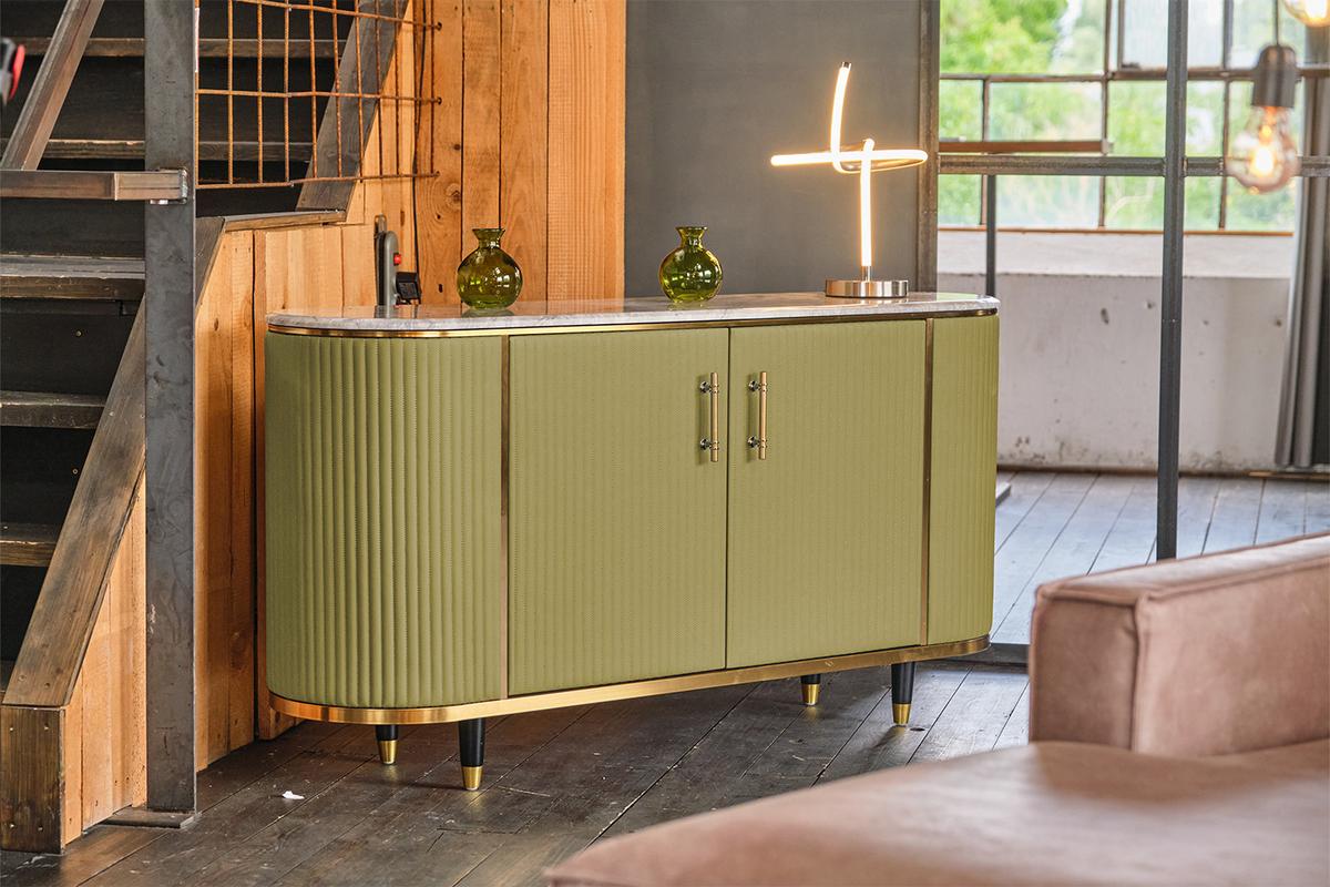 SIDEBOARD MARIA Grün Marmor, Kunstleder - Schwarz/Olivgrün, Stein/Metall (150/76/40cm) - KAWOLA