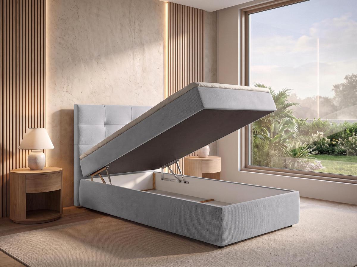 BOXBETT SAKARYA 80x200 cm mit Bettkasten und Matratze - Hellgrau + TOPPER - Hellgrau/Schwarz, Holz/Holzwerkstoff (80/200cm) - AX Living