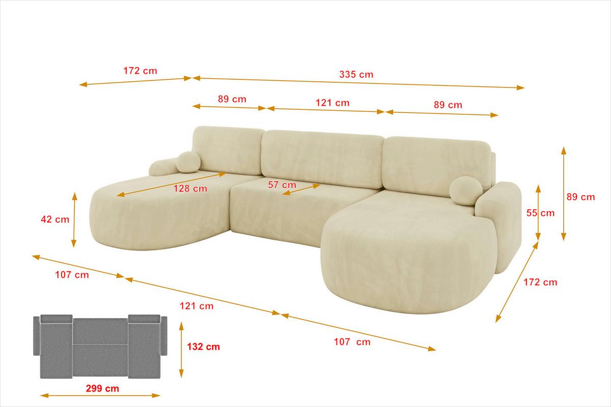 WOHNLANDSCHAFT mit Schlaffunktion und Bettkasten LIRA-U - 335x172x89 Beige - Ecru, Holzwerkstoff/Textil (335/89/172cm) - ALTDECOR