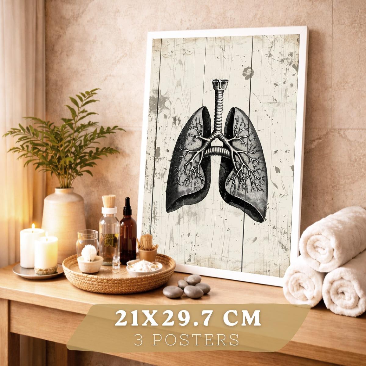 POSTER Set aus 3 Anatomie Mensch Drucke und Wandbilder mit Lungen Darm und Herz Rustikaler Stil Medizinische Wanddekoration Größe Weißer Rahmen A4 - Weiß, Papier (21/29.7/3cm) - Nacnic