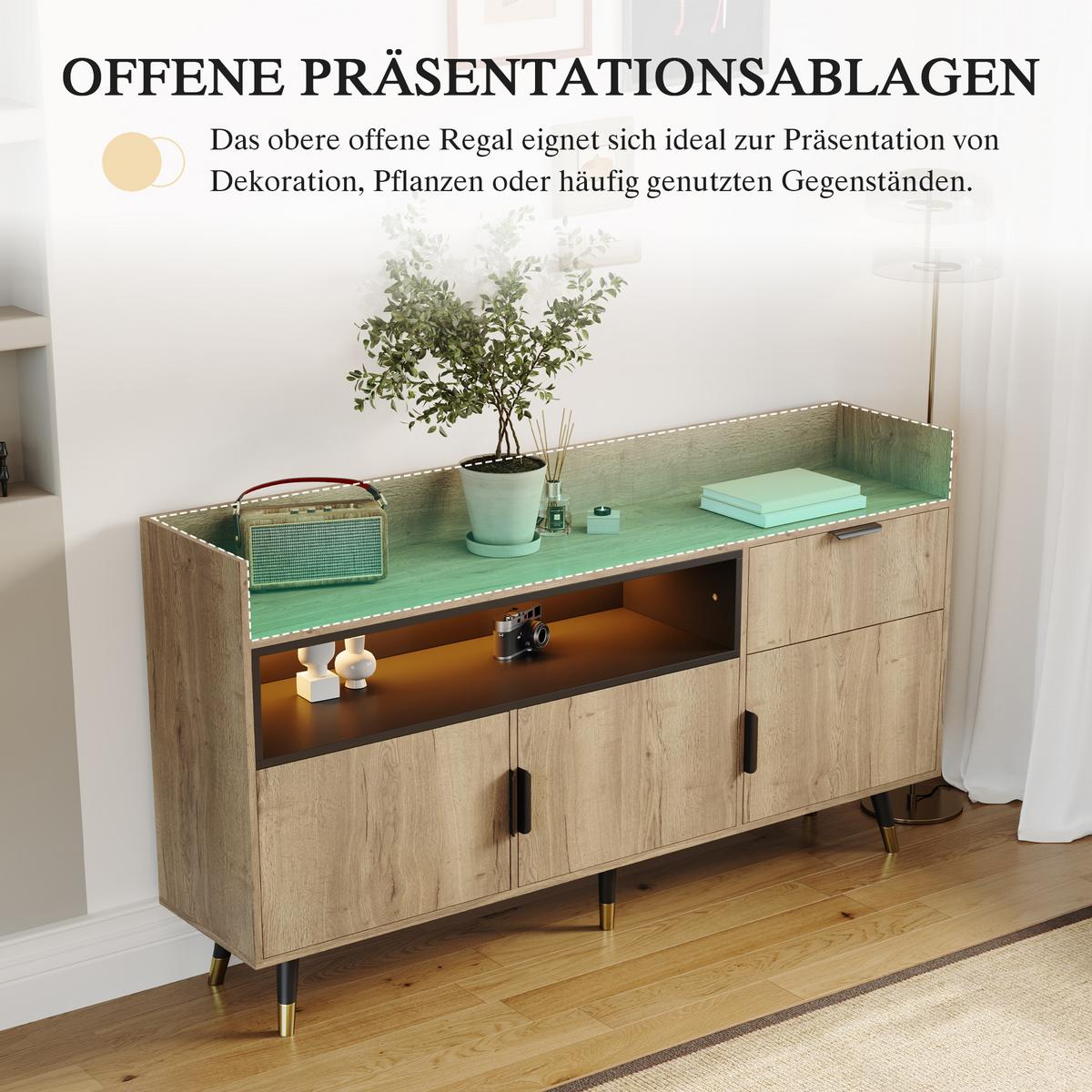 SIDEBOARD 160 cm Naturholz & Schwarz mit offenem Regal, Schublade & Türen im modernen Stil - Naturfarben, Holzwerkstoff (160/82/35cm) - Urban Meuble