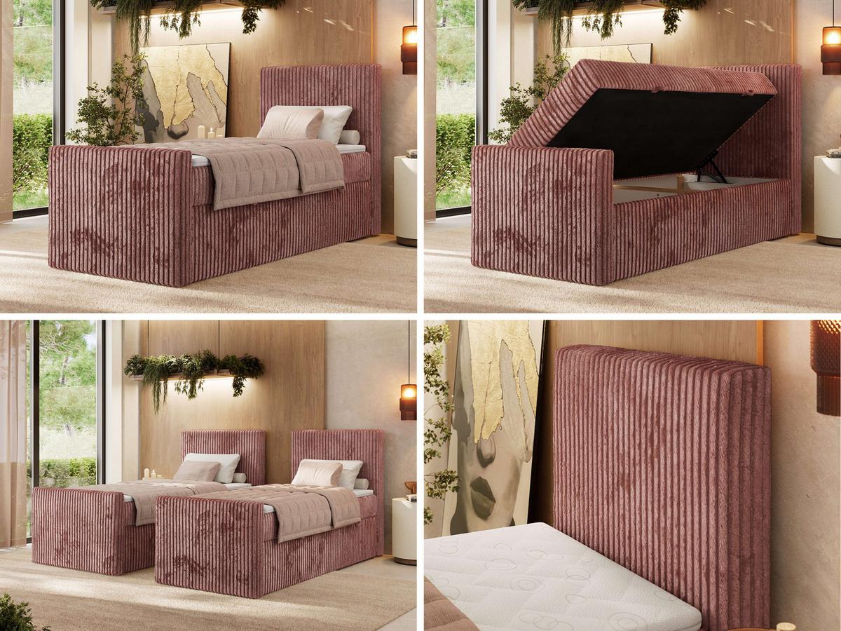 BOXBETT TILIANO DUO 90/200 - Rosa Cord - H4 - Topper Visco - Rechts Seite - Rosa, Textil (90/200cm) - MKS