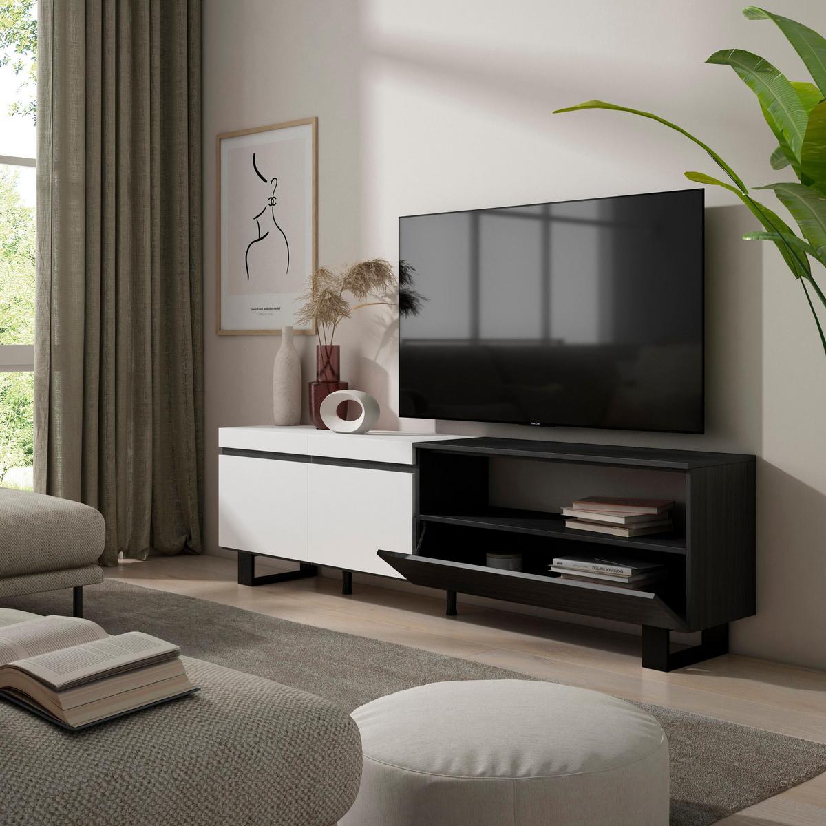 LOWBOARD, Tv-Schrank, Weiß, Schwarz, 200/35/57cm - Weiß, Holzwerkstoff (200/57/35cm) - Skraut Home