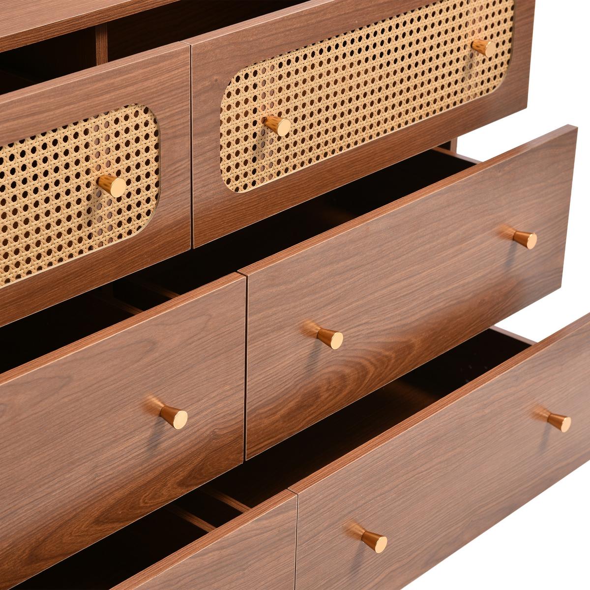 SIDEBOARD mit 6 Schubladen und Rattan-Elementen - Braun, Holzwerkstoff/Metall (120/90/40cm) - Urban Meuble