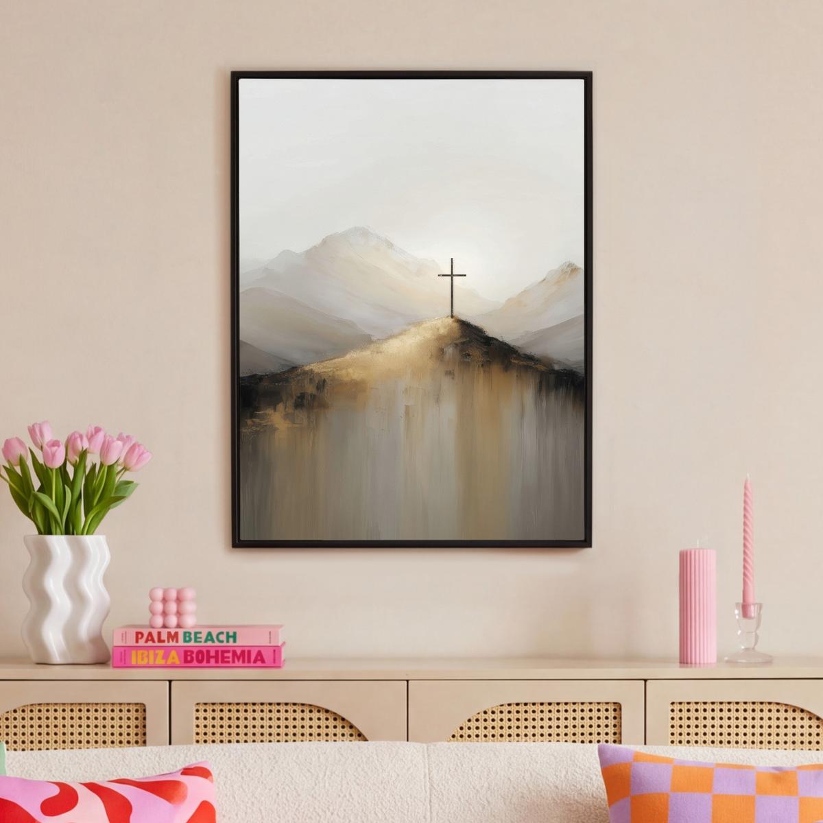 LEINWAND Bilder mit Rahmen - Hügel - Abstrakt - Kreuz - Christentum - 70x100 - Beige, Textil (70/100cm) - MuchoWow