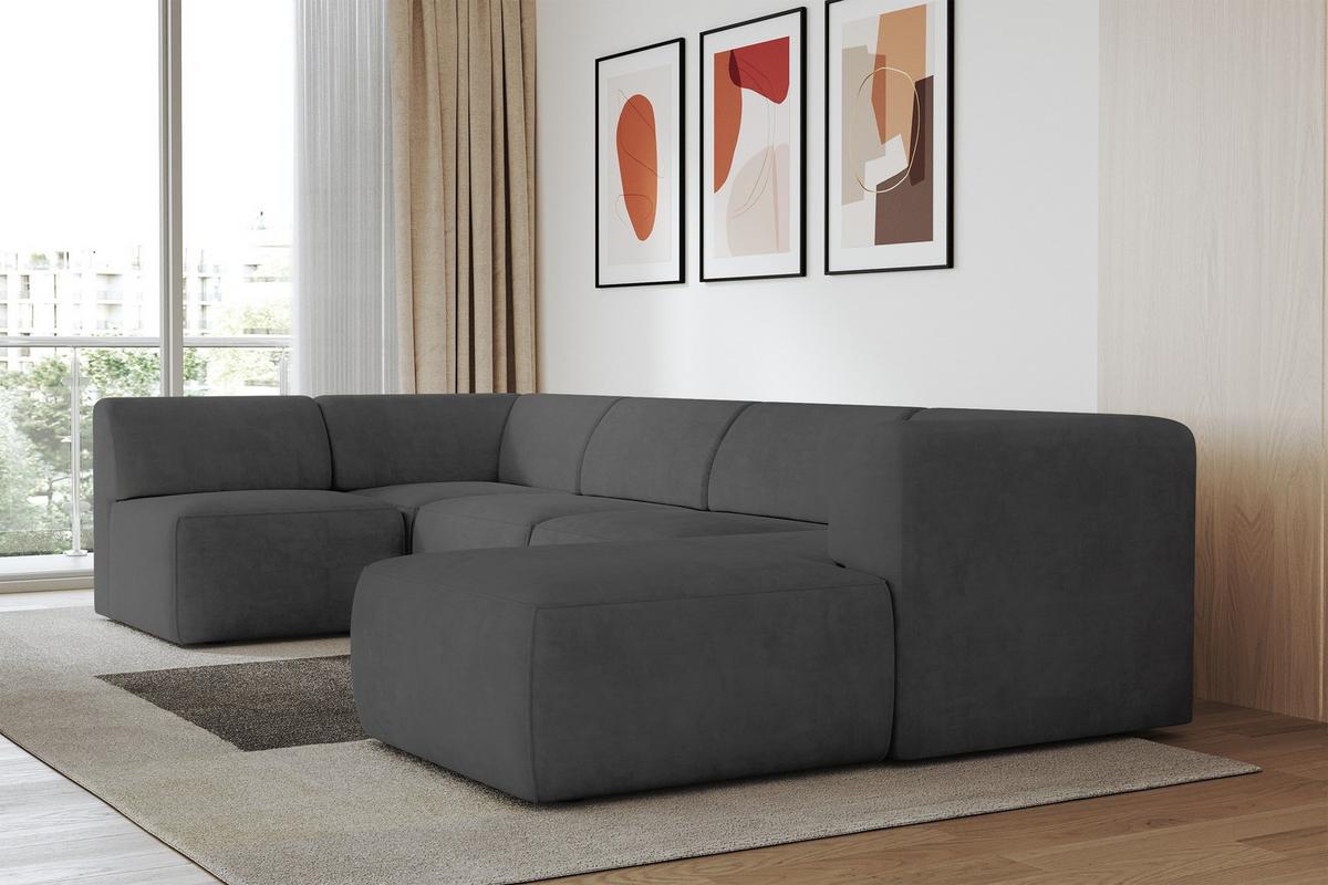 WOHNLANDSCHAFT Ottomane Rechts MOVO-L 345x180x78 cm Dunkelgrau Velours - Eschefarben, Holzwerkstoff/Kunststoff (180/78/345cm) - ALTDECOR