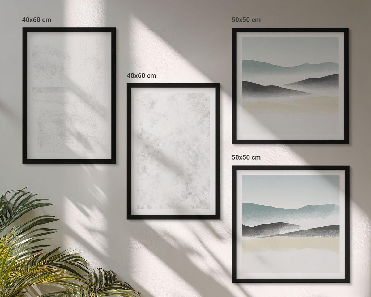 BILDER SET 4er Set - 50x50 cm & 40x60 cm Schwarzer Rahmen - Weiße Flecken auf Leinwandhintergrund - Schwarz, Kunststoff (50/50cm) - TULUP