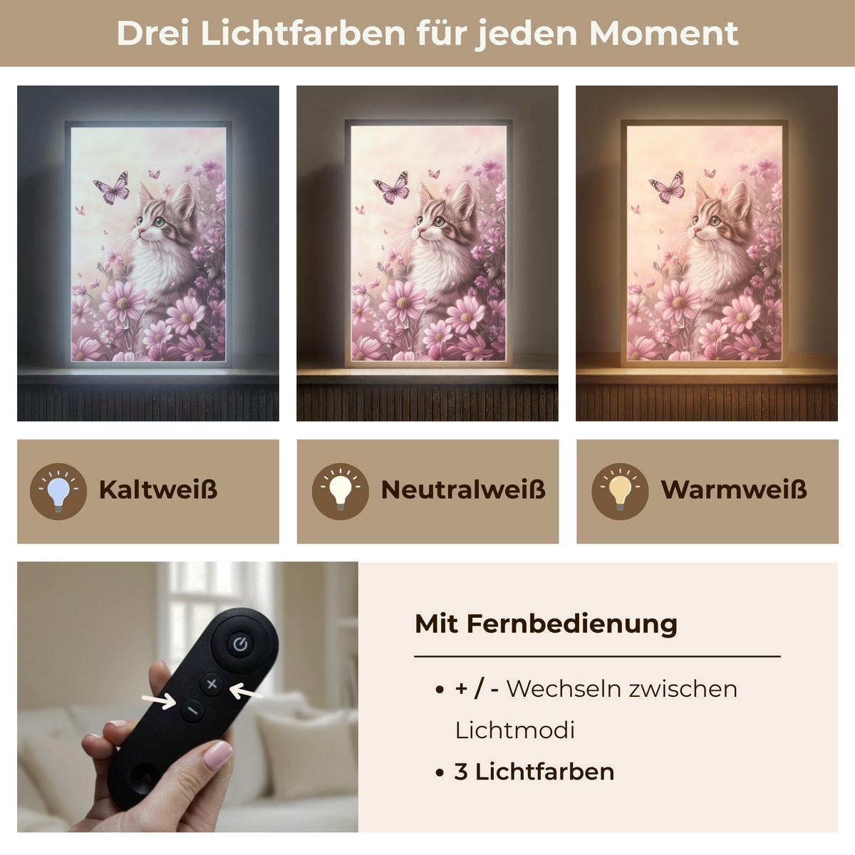 WANDLEUCHTE MIT AKKU Kätzchen - Blumen - Schmetterlinge - Lila 40x60 cm - Altrosa, Holzwerkstoff (40/60/8cm) - OnlyWow