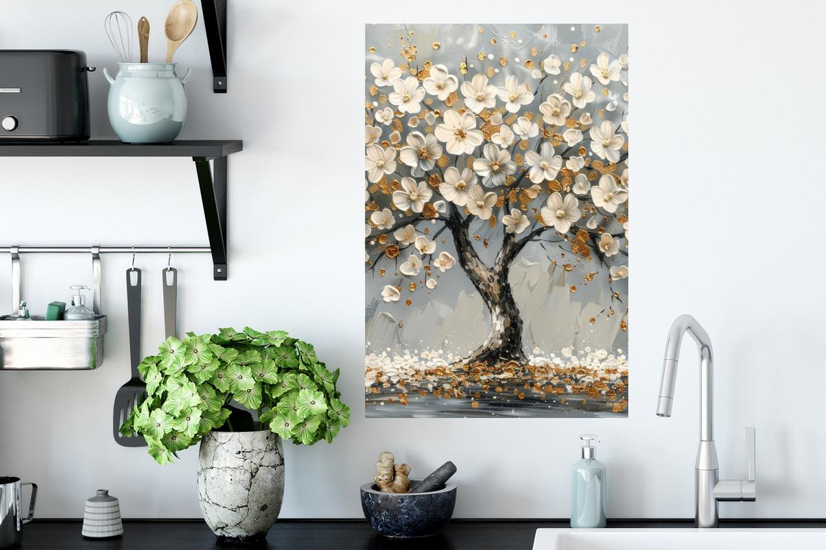 WANDTATTOO Baum - Blumen - Weiß - Natur - Kunst Wandbild 40x60 cm - Weiß, Kunststoff (40/60/0.1cm) - MuchoWow