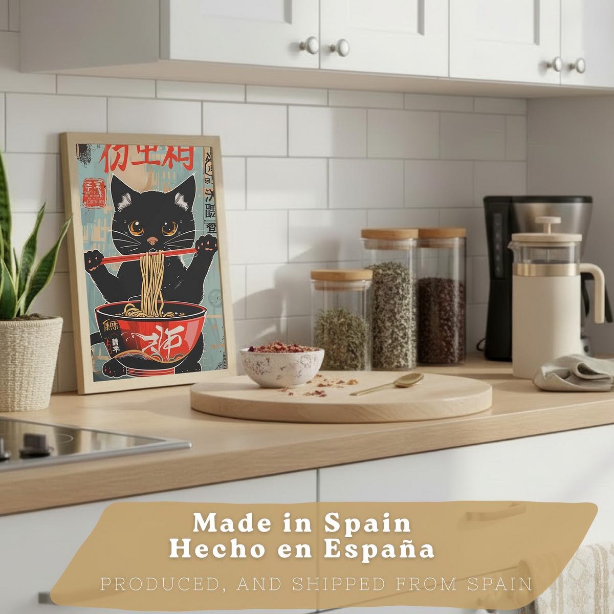 POSTER 4er Set Japanische Ramen Tier-Wandbilder Katze Fuchs und Hase Nudeln Vintage Küche Deko Leichter Holzrahmen A4 - Beige, Papier (29.7/1/21cm) - Nacnic