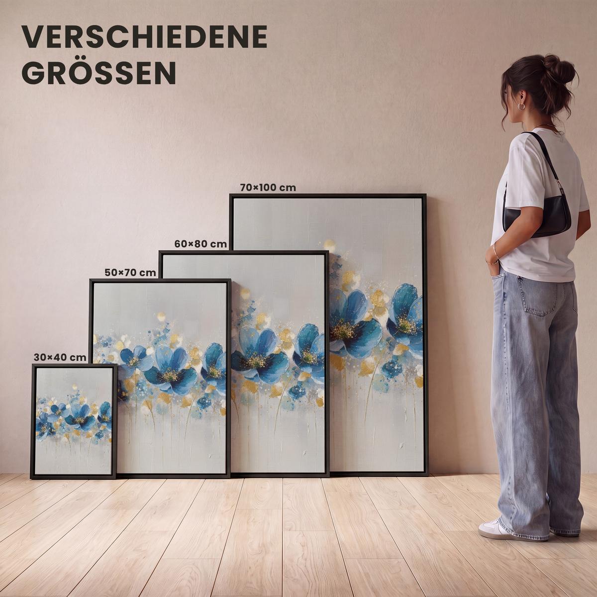 LEINWAND Bilder mit Rahmen - Blumen - Blau - Abstrakt - 70x100 - Hellgrau, Textil (70/100cm) - MuchoWow