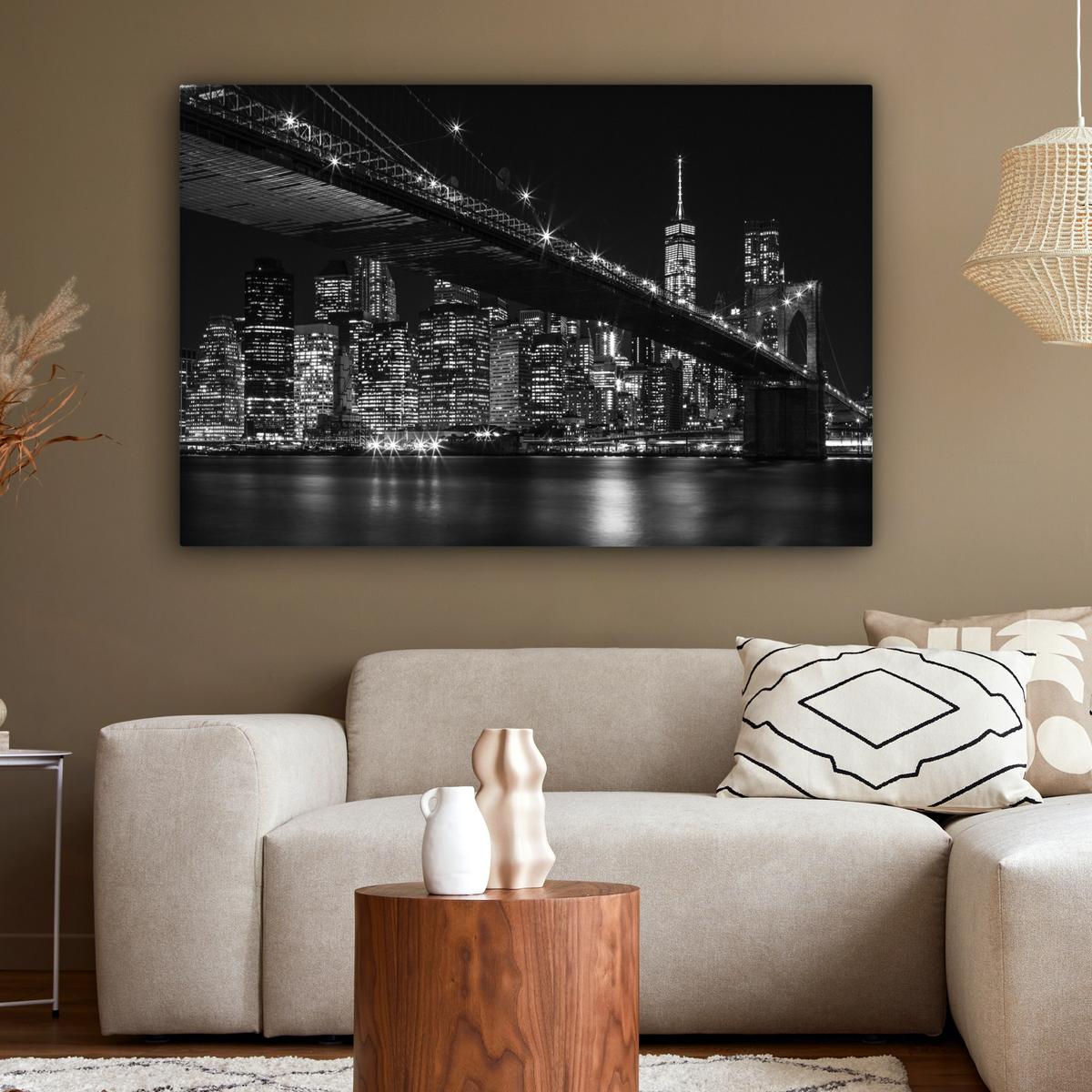 LEINWANDBILD New York - Brooklyn - Brücke Wohnzimmer Groß 120x80 cm - Schwarz, Textil (120/80cm) - MuchoWow