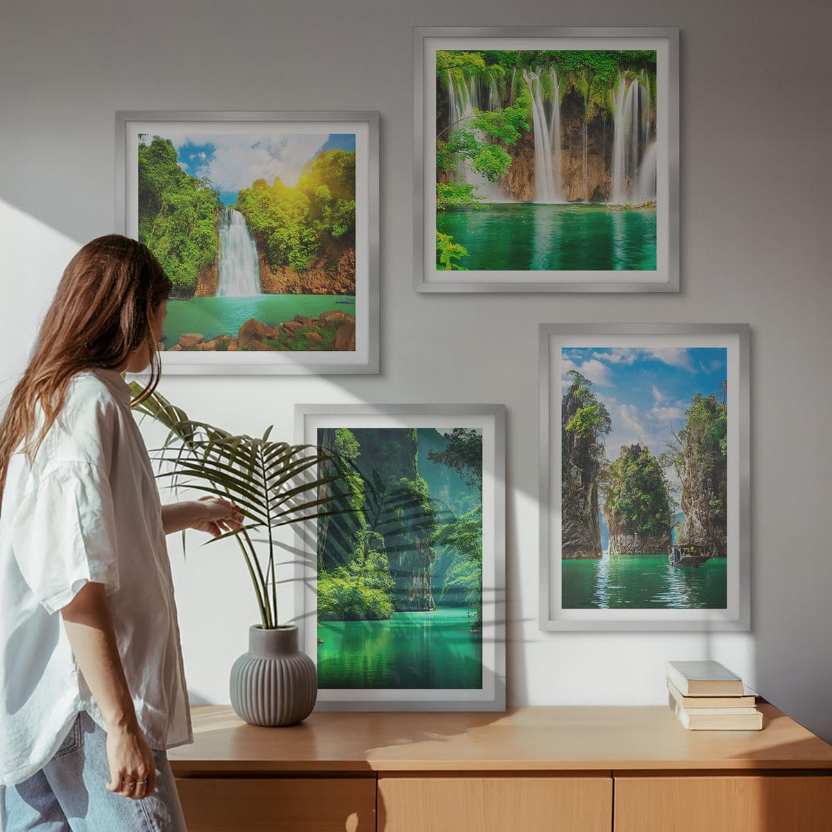 BILDER SET 4er Set - 50x50 cm & 40x60 cm Silberner Rahmen - Grüne Landschaften, Wasserfälle - Silberfarben, Kunststoff (50/50cm) - TULUP