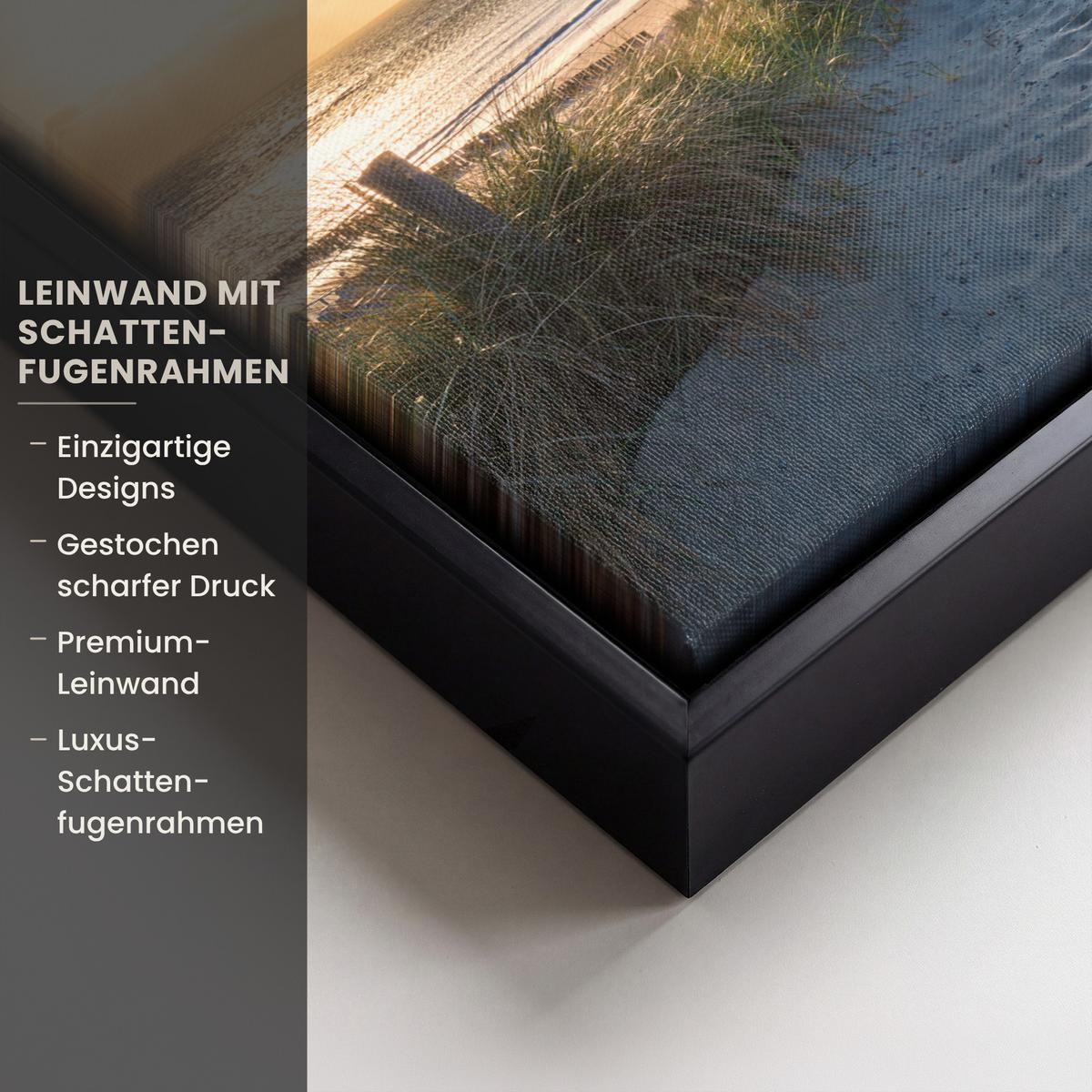 LEINWAND Bilder mit Rahmen - Sonnenuntergang - Strand - Düne - Gras - Ufer - 30x20 - Sandfarben, Textil (30/20cm) - MuchoWow