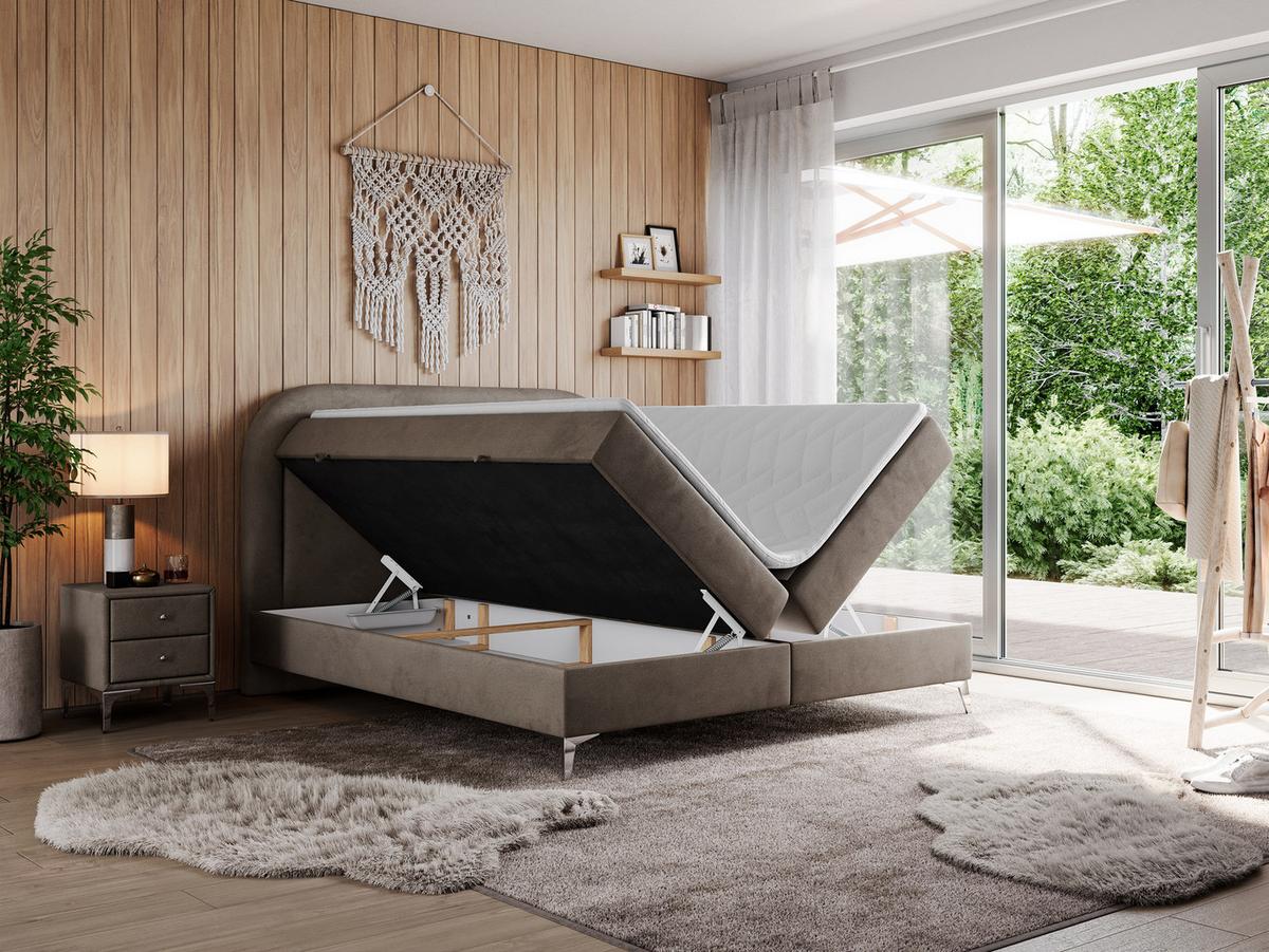 BOXBETT EIRA 180/200 Braun Velvet - H4 - Silberfarben/Braun, Holz/Textil (180/200cm) - MKS