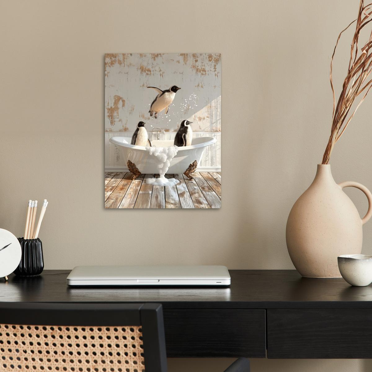 POSTER Vintage - Pinguin - Badewanne - Schaumstoff Wandbilder 30x40 cm - Schwarz, Papier (30/40/0.1cm) - MuchoWow