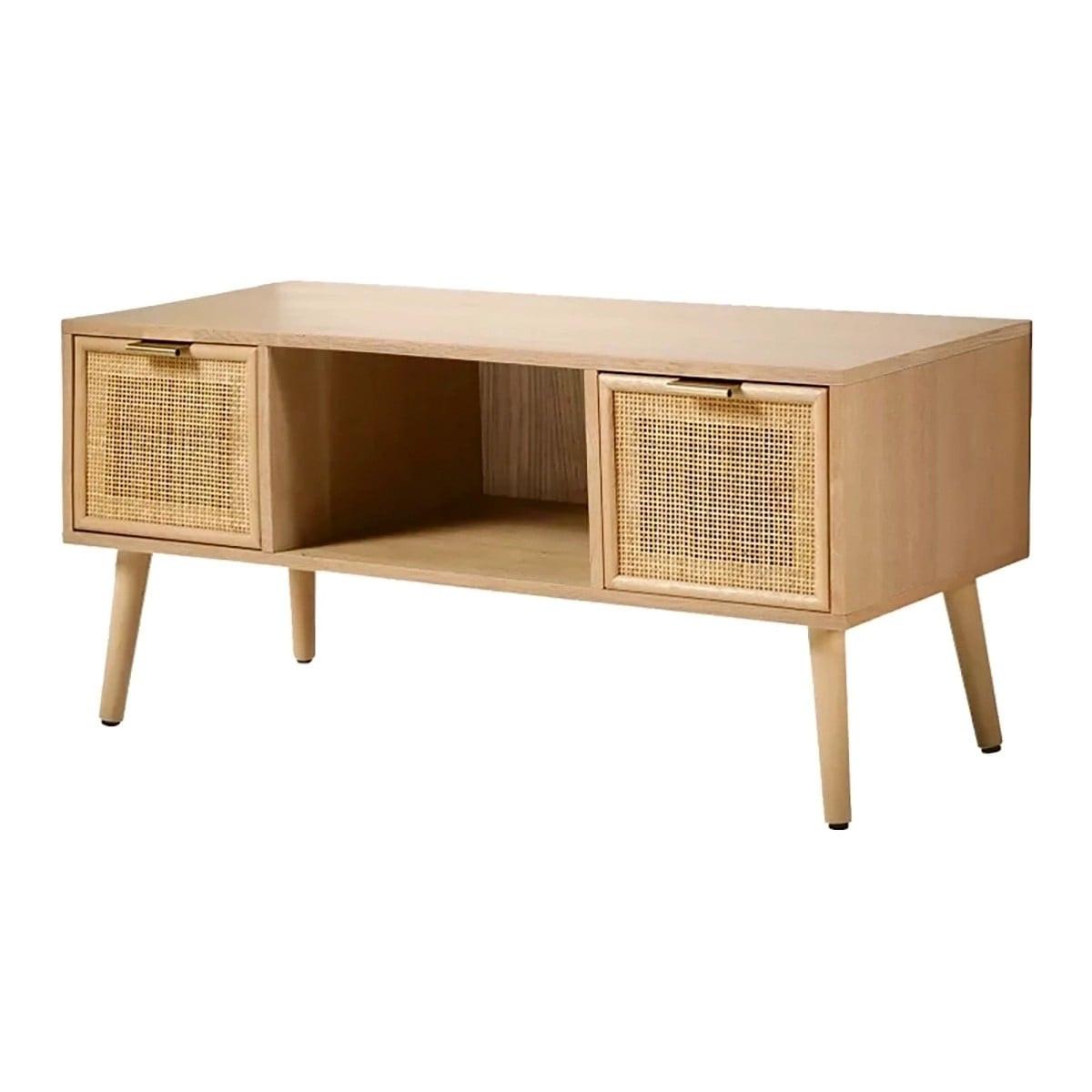 TV-MÖBEL mit 2 Schubladen Vorderseite aus Rattan - L100 cm - Eschefarben, Holzwerkstoff (42/45/45cm) - Calicosy