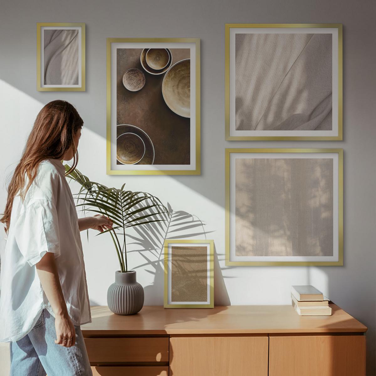 BILDER SET 5er Set - 50x50 cm & 20x30 cm & 40x60 cm Goldrahmen - Strukturen, Texturen, Minimalismus - Goldfarben, Kunststoff (40/60cm) - TULUP