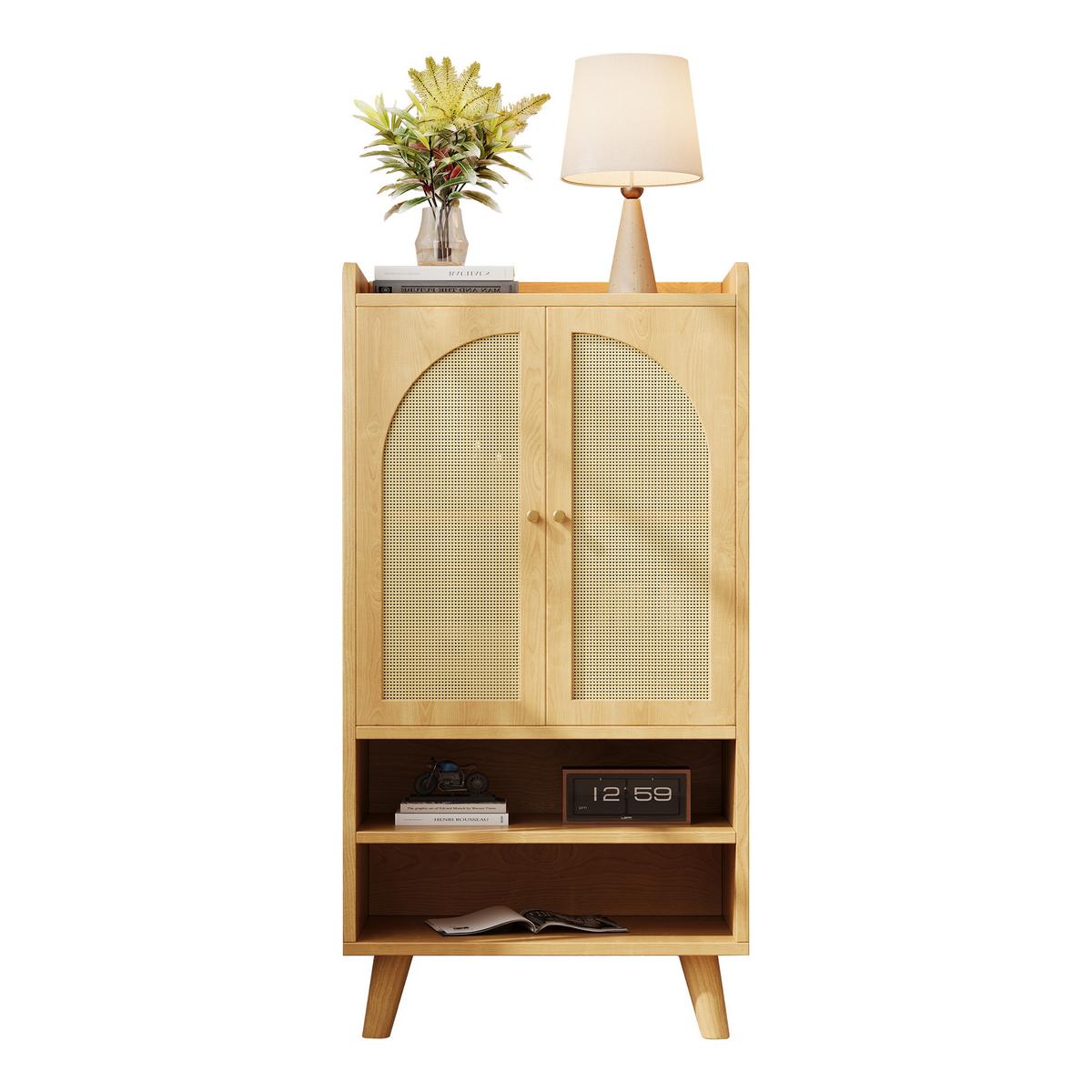 SCHUHREGAL 60 cm Naturholz mit Rattantüren mit offenen Fächern im Boho-Stil - Naturfarben, Holzwerkstoff (60/121/40cm) - Urban Meuble
