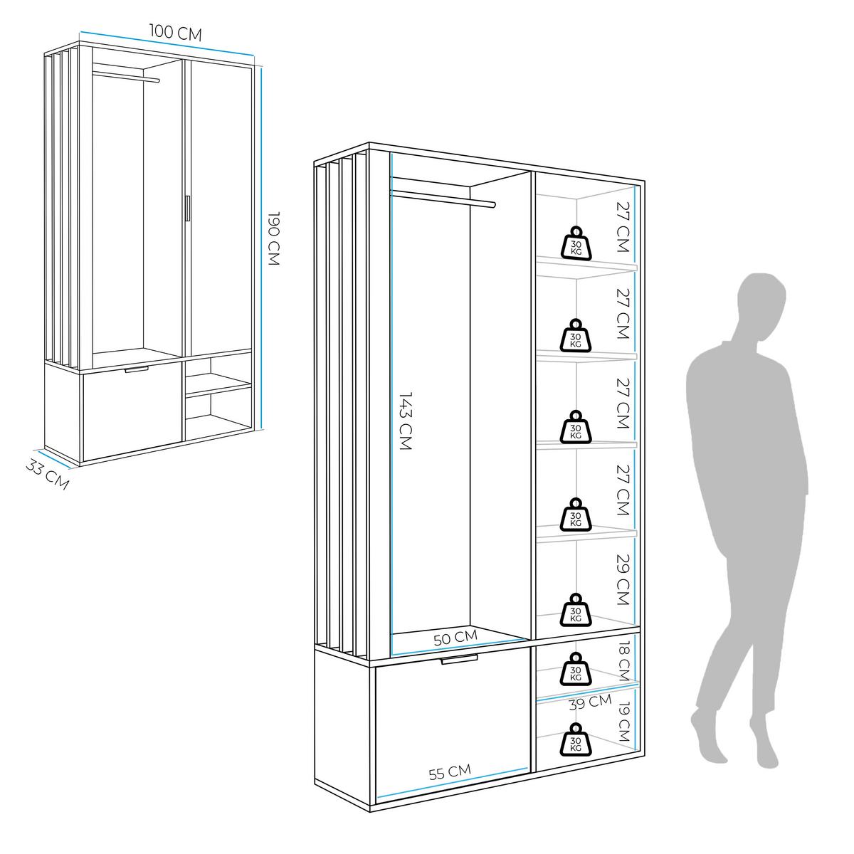 GARDEROBENSCHRANK mit Spiegel-mit Ablagen und Kleiderstange - Schwarz/Braun, Holzwerkstoff (100/190/33cm) - Idohome