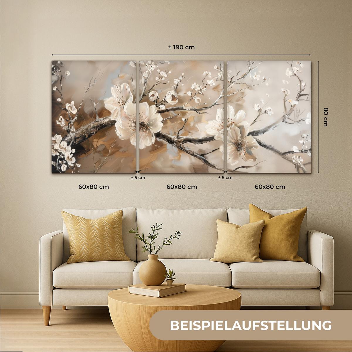 LEINWANDBILD 3er Set Blüte - Beige - Abstrakt - Blumen 180x80 cm - Hellbraun, Textil (180/80cm) - MuchoWow