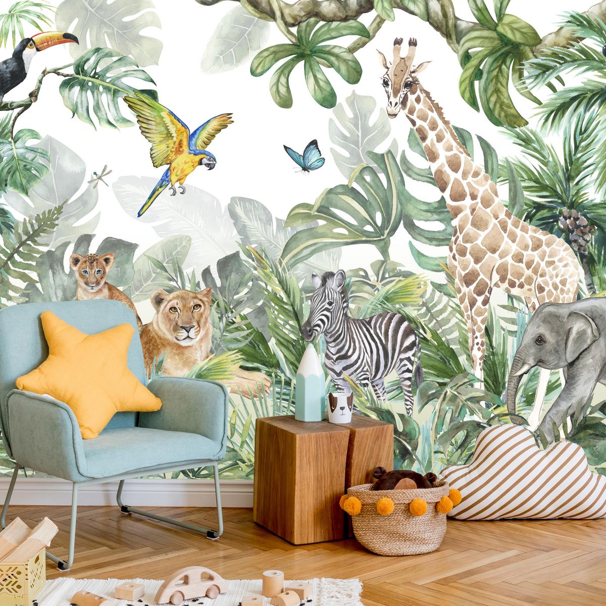 FOTOTAPETE für Kinderzimmer Tropen Dschungel Tiere Palmen Monstera 400x280 - Beige/Orange, Papier (400/280cm) - Muralo