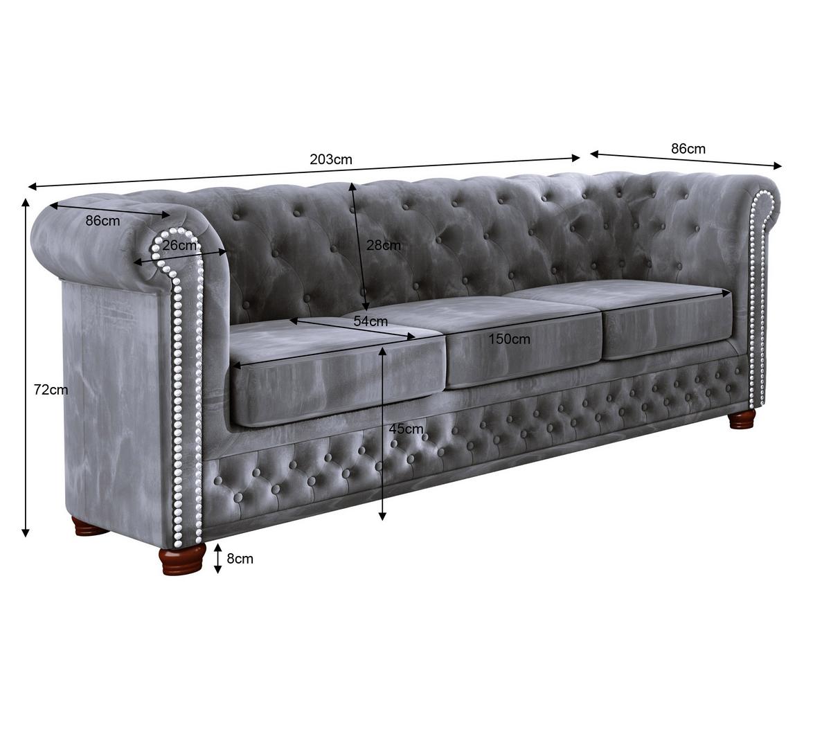 CHESTERFIELD-SOFA 3-sitzer Lauren Grau Samt - Braun/Grau, Holz/Textil (203/72/86cm) - S-Style Möbel
