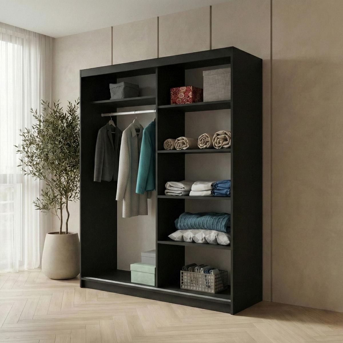 SCHWEBETÜRENSCHRANK Hela mit 2 Türen. 160 cm, Schwarz - Schwarz, Holzwerkstoff (160/205/60cm) - Beautysofa