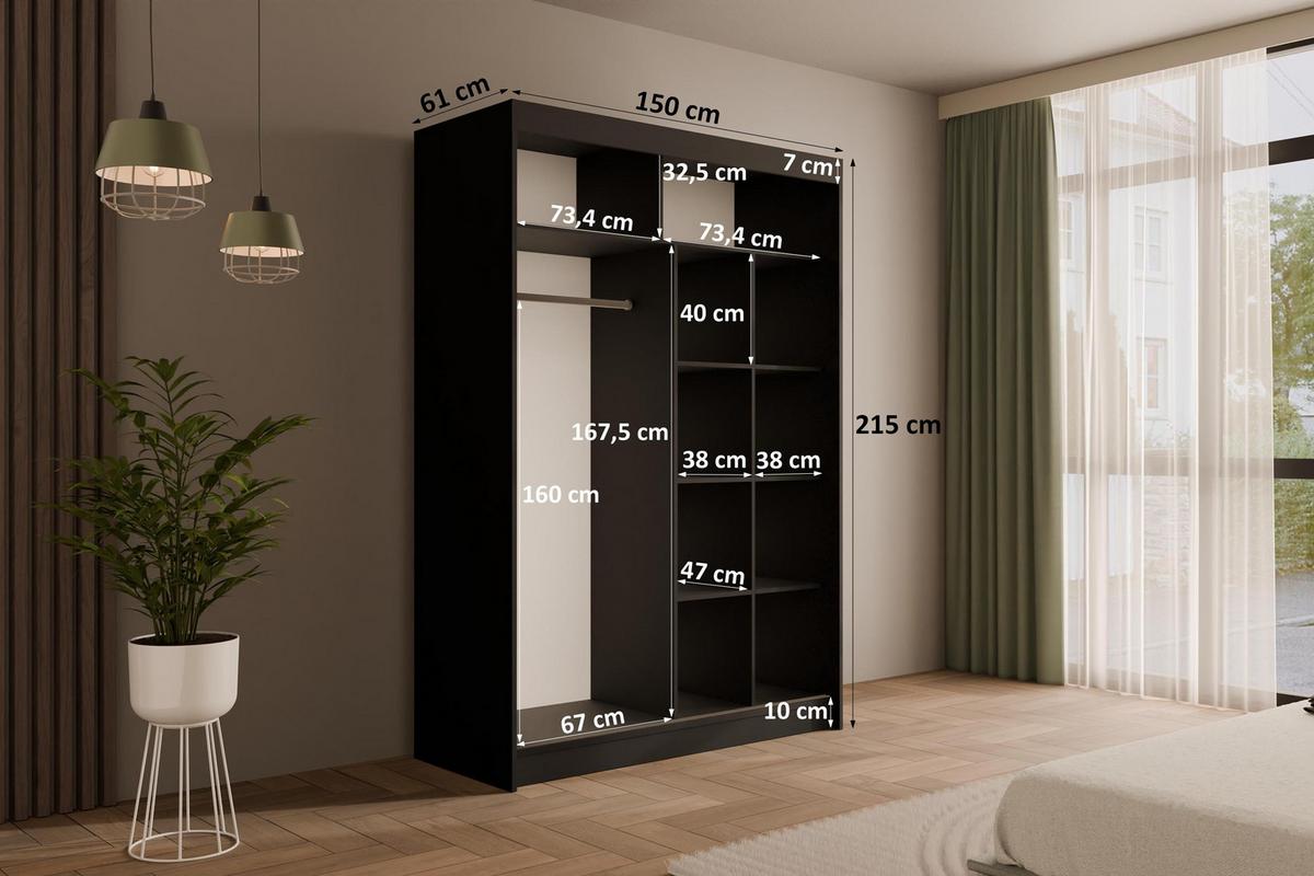 KLEIDERSCHRANK PEKA III - 150 cm - Schwarz - Schwarz, Holzwerkstoff (150/215/61cm) - ALTDECOR