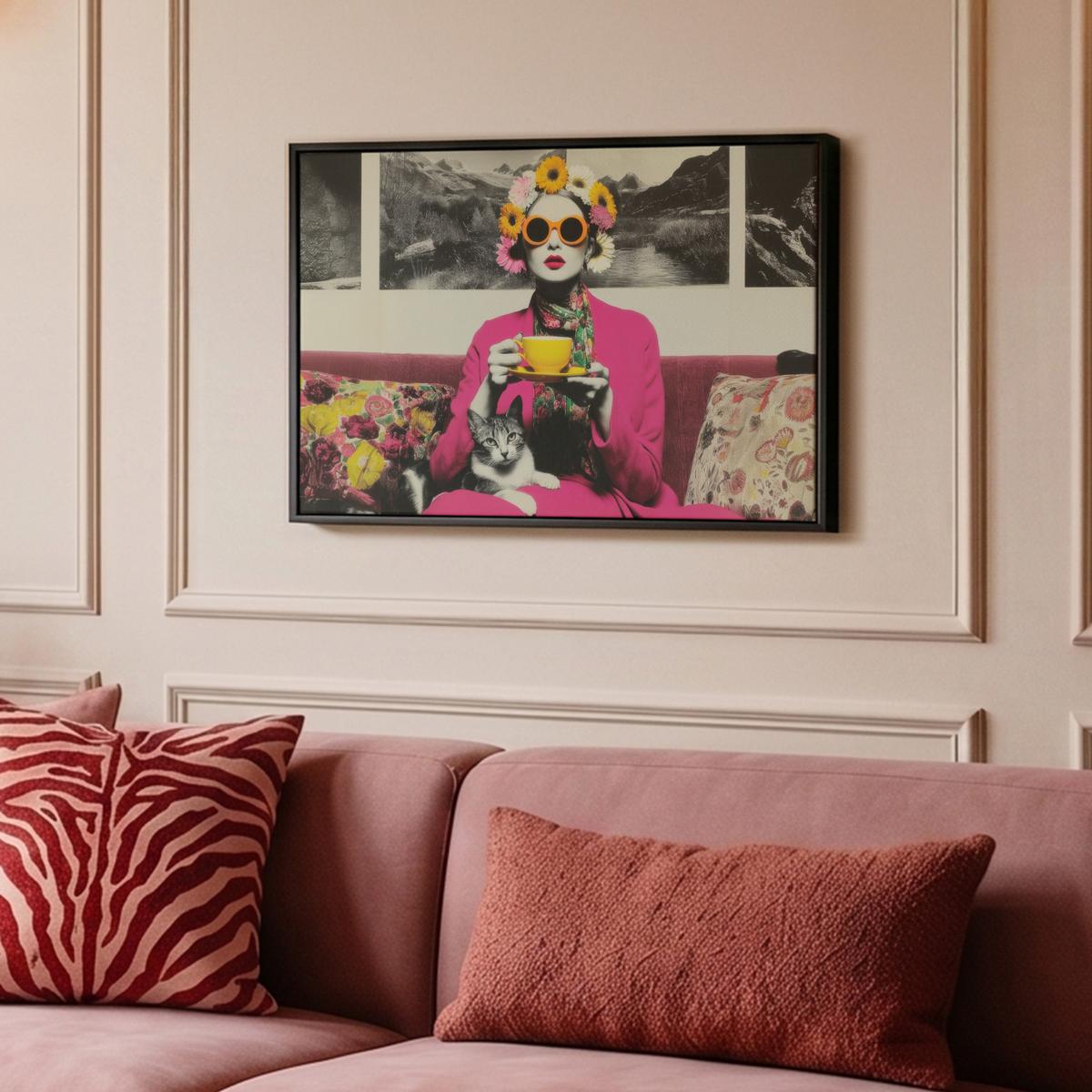 LEINWAND Bilder mit Rahmen - Frau - Katze - Blumen - Tasse - Retro - 60x40 - Magenta, Textil (60/40cm) - MuchoWow