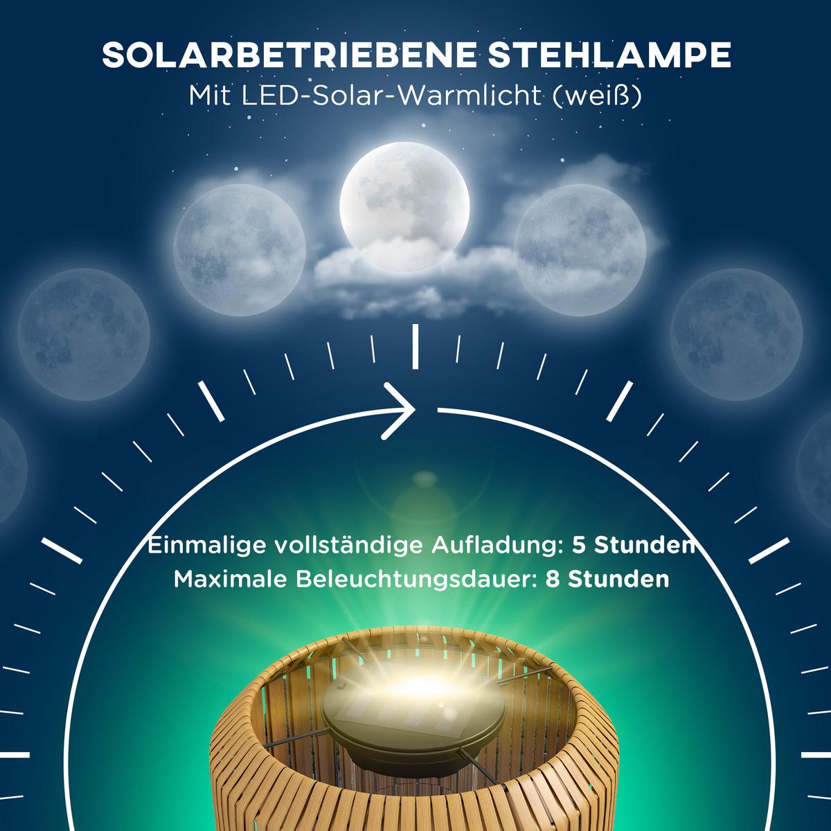 RATTAN Solarlampe, Wegleuchte mit Warmweißem LED Licht, Lichtsensor, Stahl, Gelb - Gelb, Kunststoff (34/34/130cm) - Outsunny