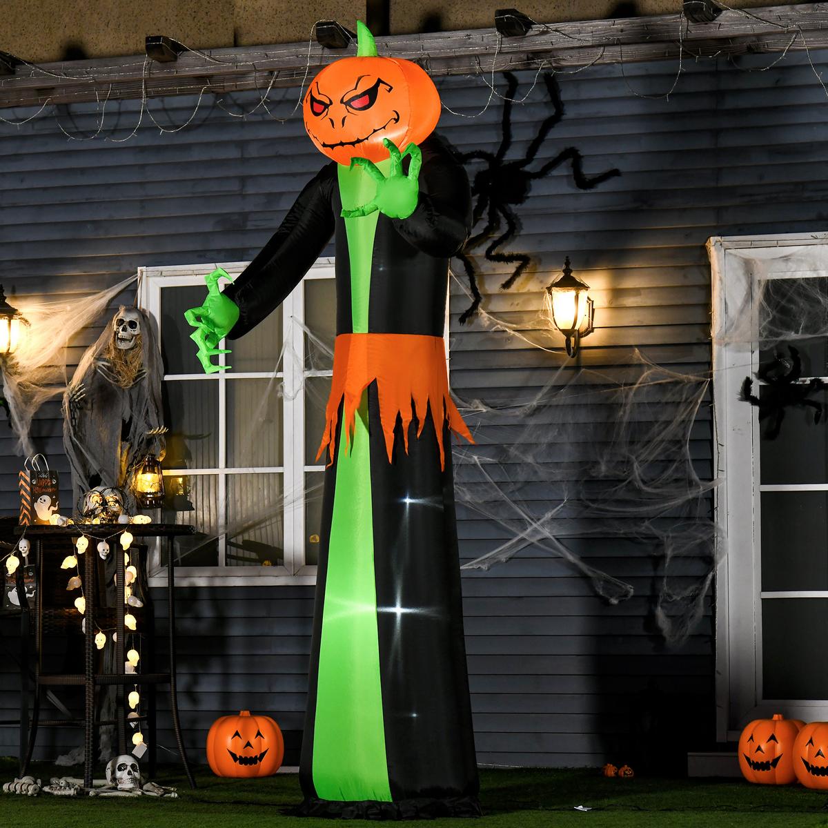 AUFBLASBAR Kürbis Halloween Dekoration Selbstaufblasend Schreck Gespenst mit LED - Schwarz, Kunststoff (96/270/100cm) - HOMCOM