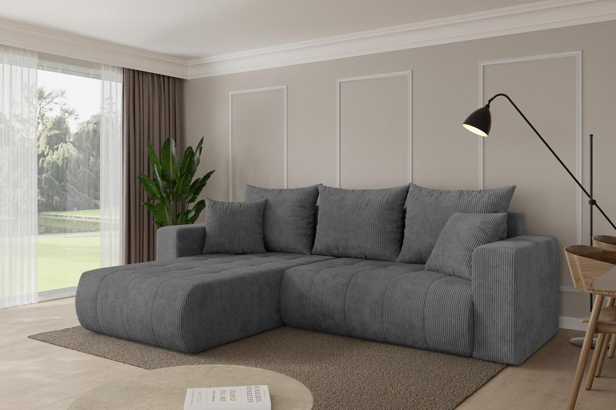 ECKSOFA mit Schlaffunktion Ottomane Links MILA-L 277x194x86 Dunkelgrau Cord - Dunkelgrau/Schwarz, Holzwerkstoff/Kunststoff (277/194cm) - ALTDECOR