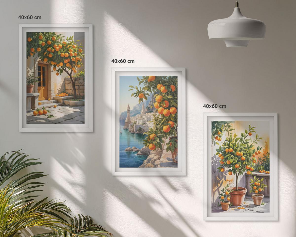 BILDER SET 3er Set - 40x60 cm Weißer Rahmen - Gemalte Zitruslandschaften - Weiß, Kunststoff (40/60cm) - TULUP