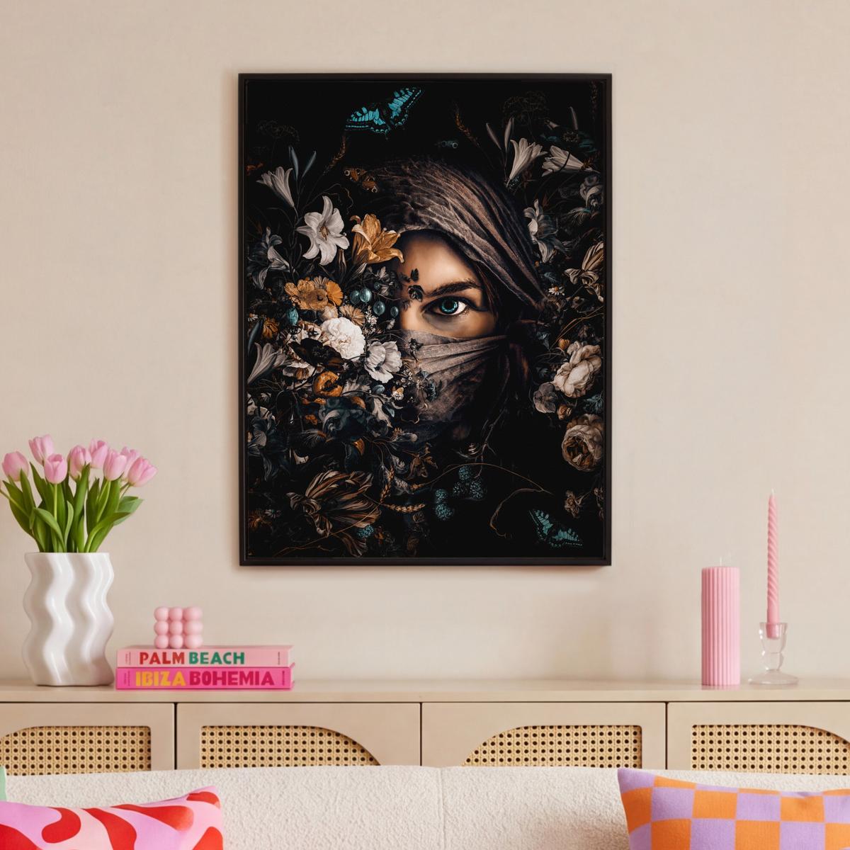 LEINWAND Bilder mit Rahmen - Frau - Luxus - Blumen - Schmetterling - Porträt - 70x100 - Schwarz, Textil (70/100cm) - MuchoWow